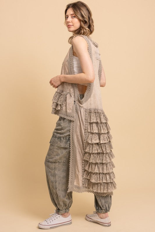 Sleeveless Tiered Ruffle High Low Lace Top
