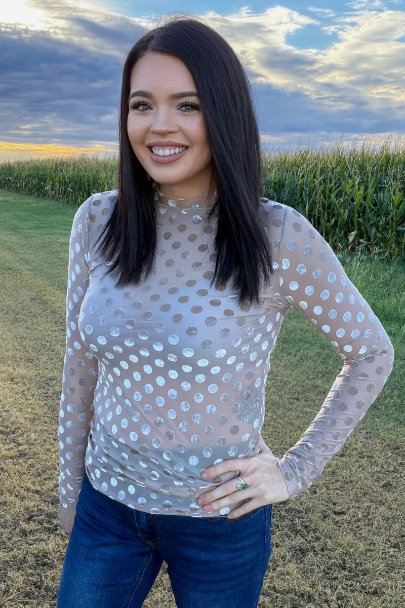 MOCHA DOT VELVET LONG SLEEVE MESH TOP