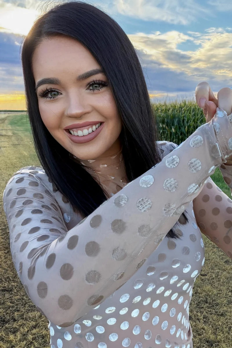 MOCHA DOT VELVET LONG SLEEVE MESH TOP