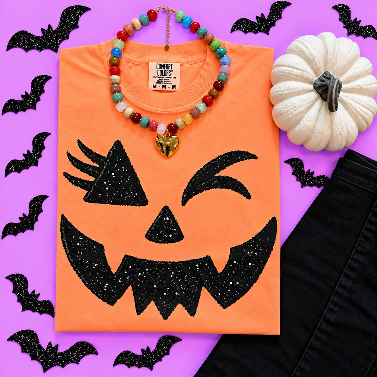Faux Glitter Jack O Lantern Face Tee