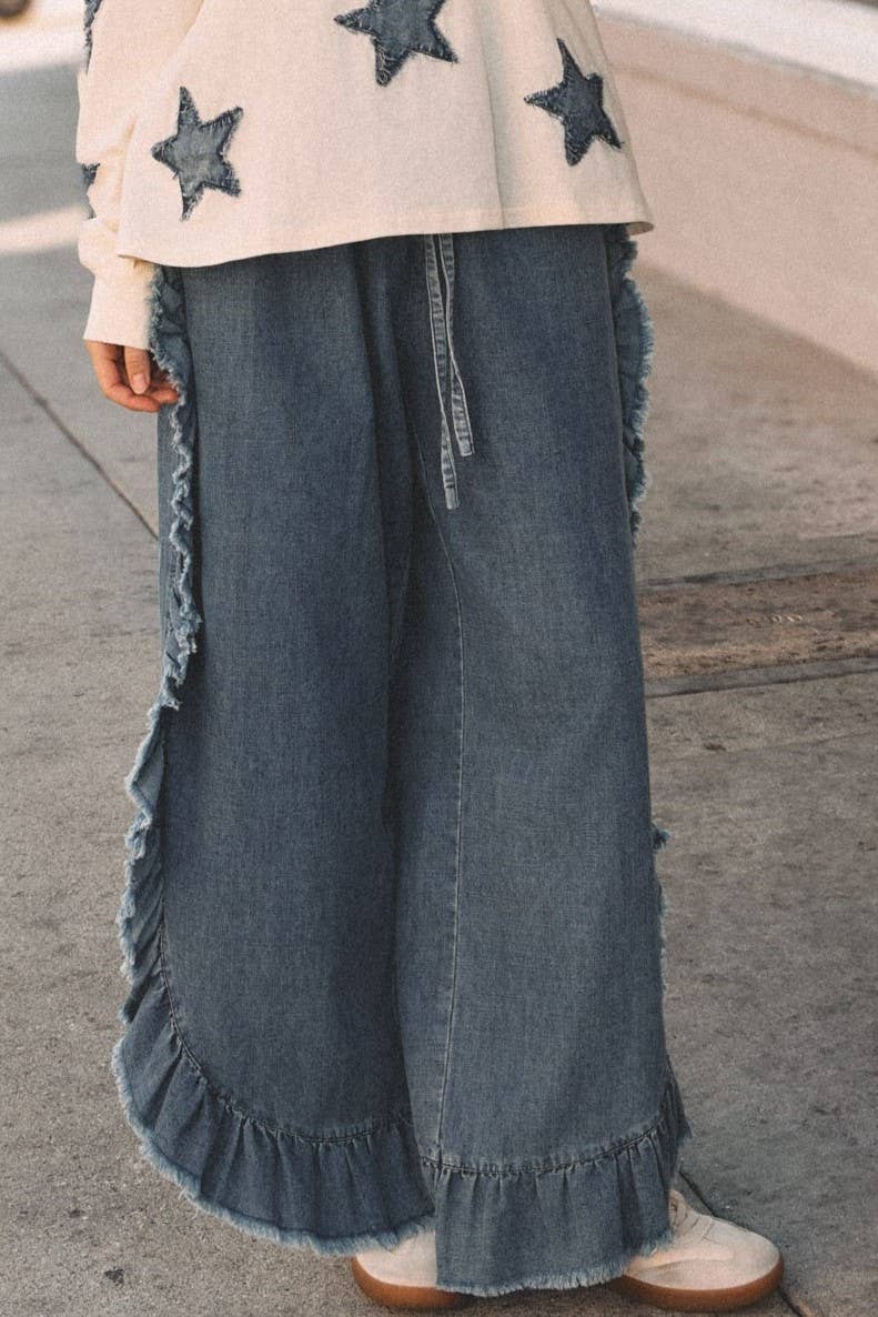FRAYED RUFFLE HEM DENIM PANTS