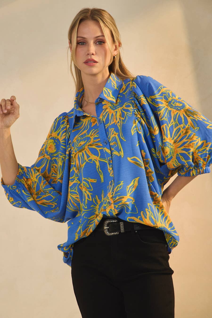 Bold Floral Printed Puff Sleeve Blouse