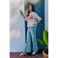 WIDE LEG FLARE DENIM JEANS WITH SIDE  BRAIDS