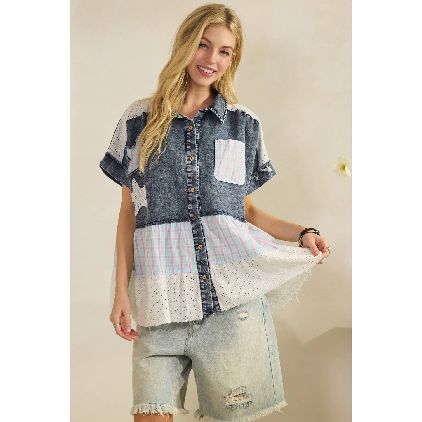 LACE & STARS DENIM BLOUSE
