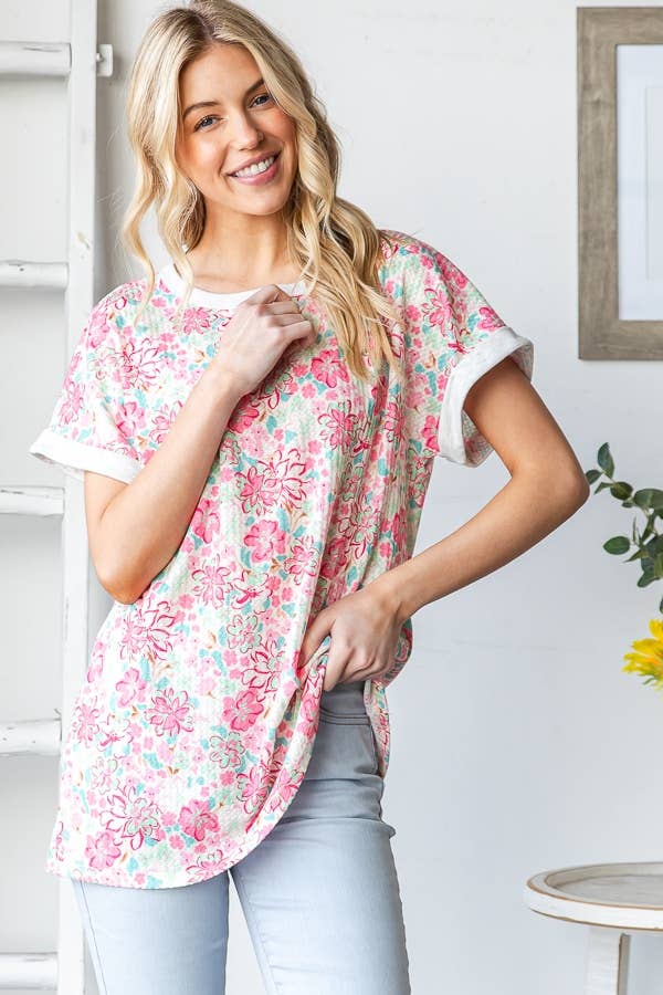 Contrast Trim Floral Dolman Top