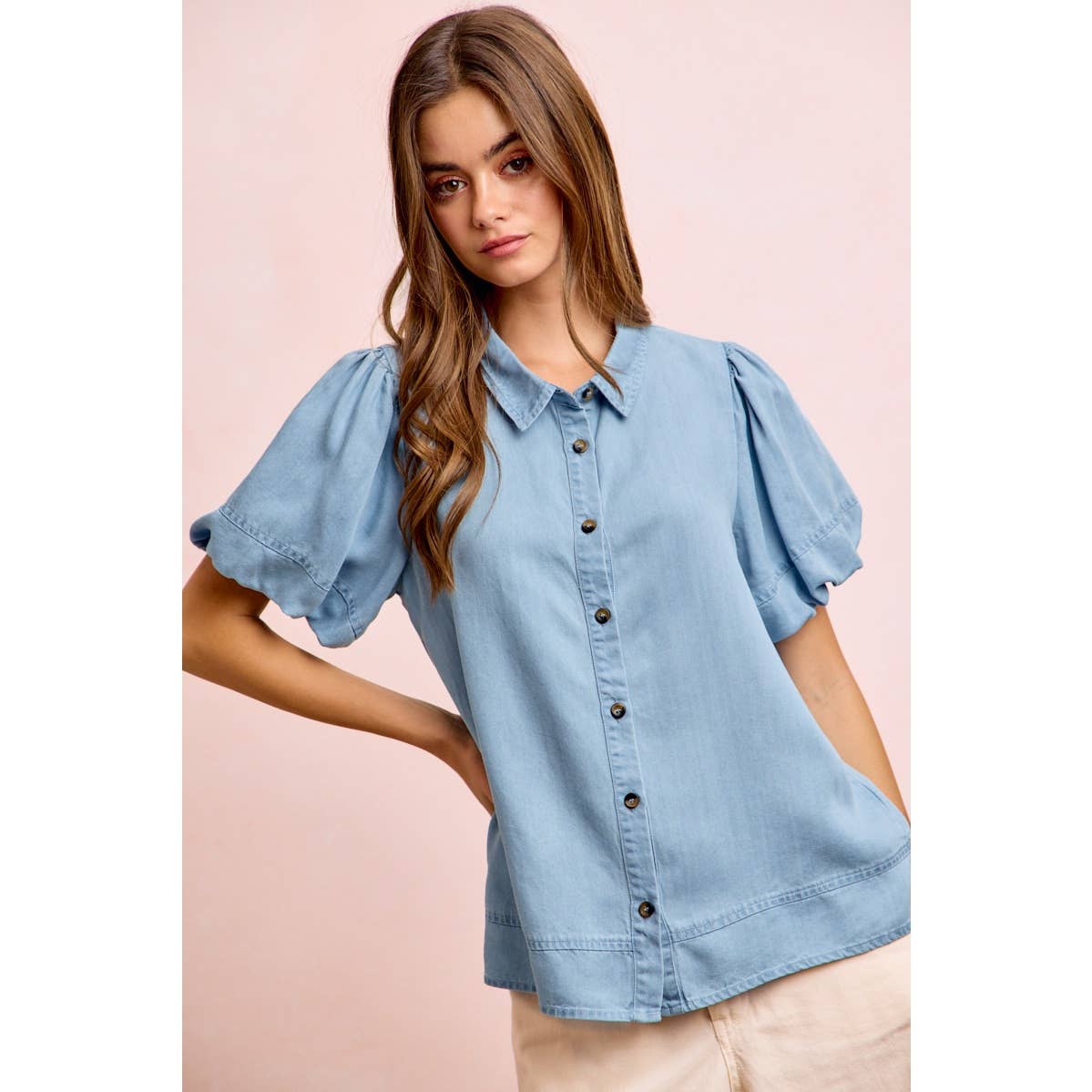 PUFF SLEEVES WASHED TENCEL SHIRT TOP