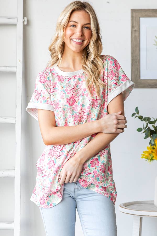 Contrast Trim Floral Dolman Top