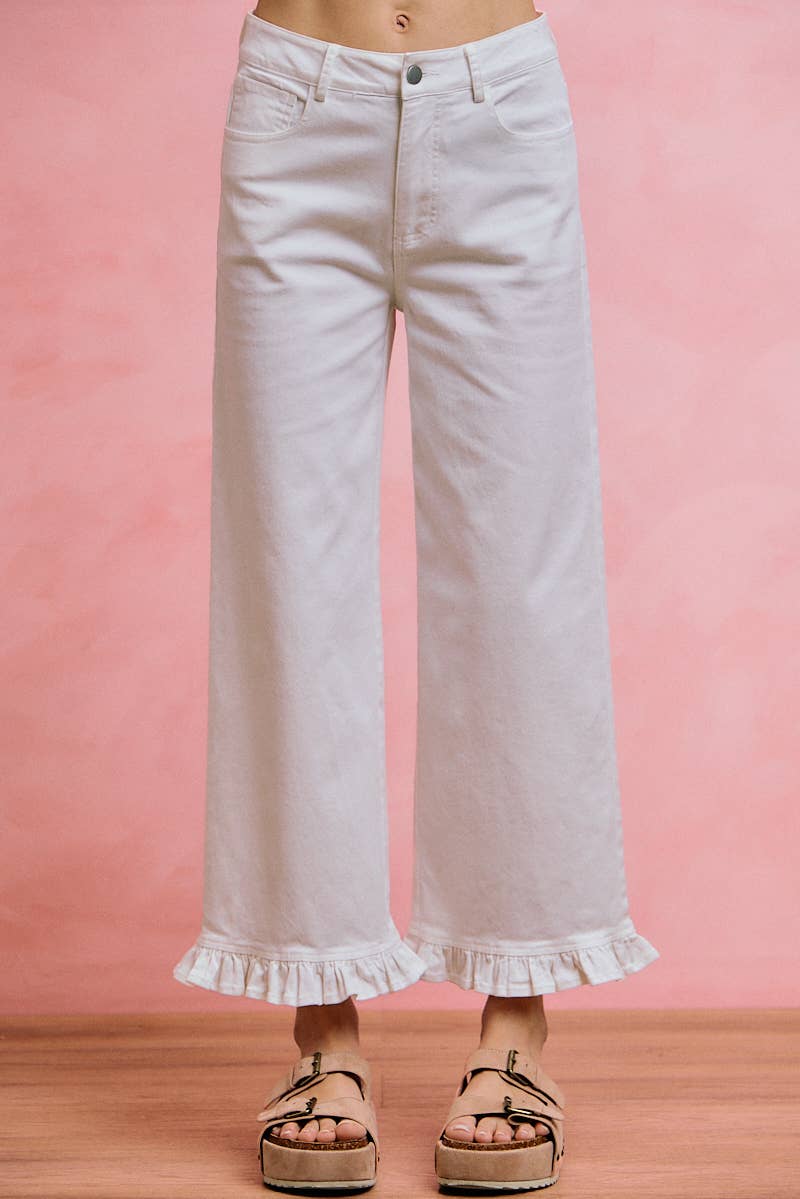 RUFFLED BOTTOM DENIM JEANS PANTS