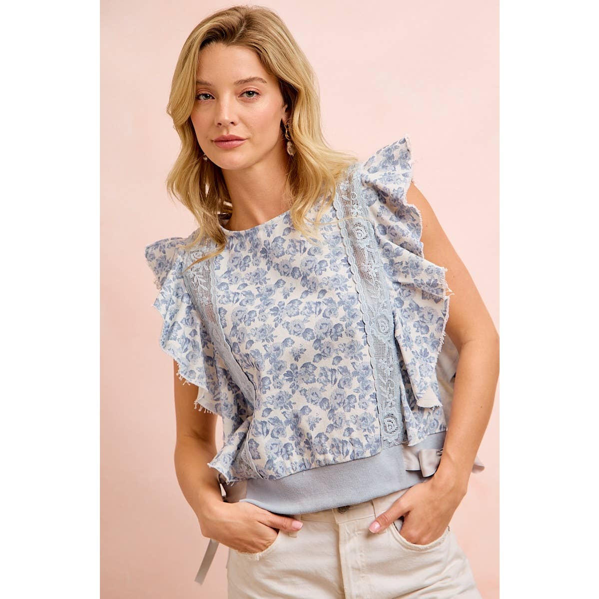 FLORAL PRINTED TWILL LACE TRIM DETAIL SIDE BOW TIED TOP