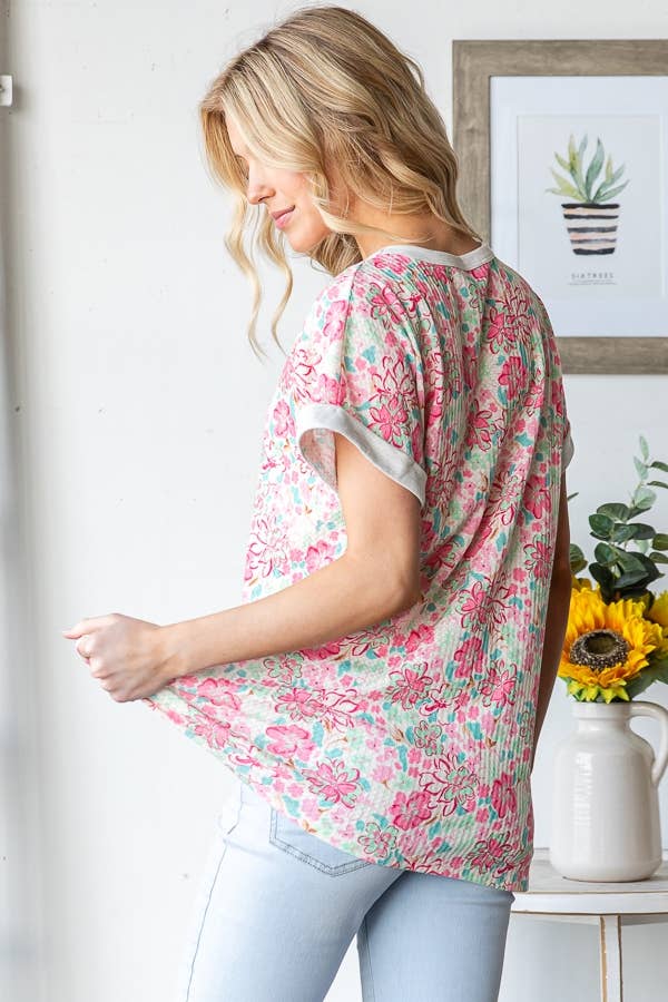 Contrast Trim Floral Dolman Top