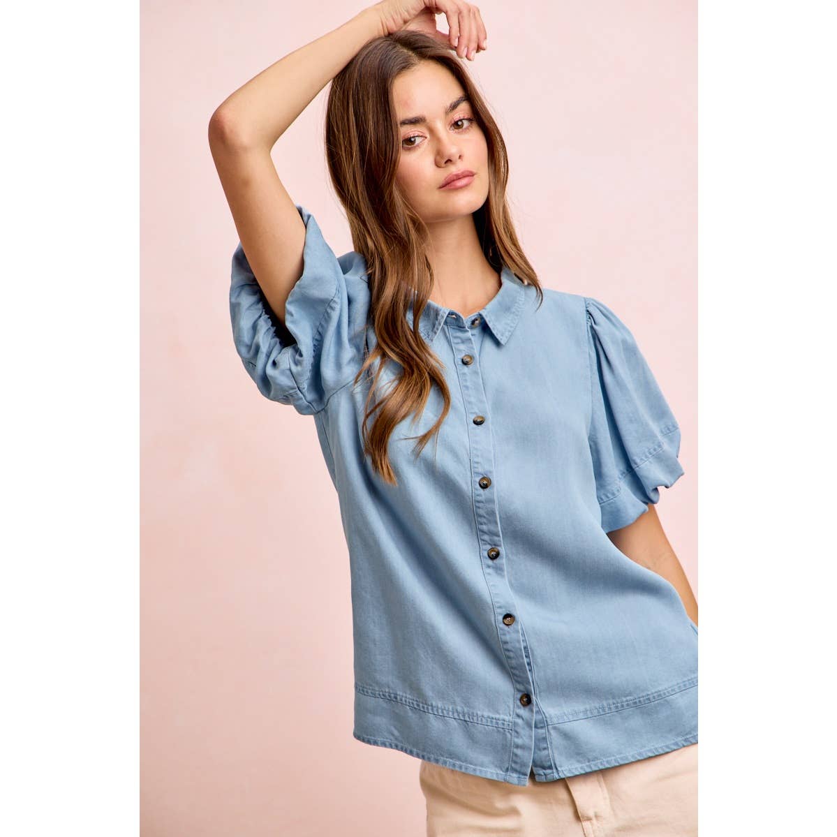 PUFF SLEEVES WASHED TENCEL SHIRT TOP