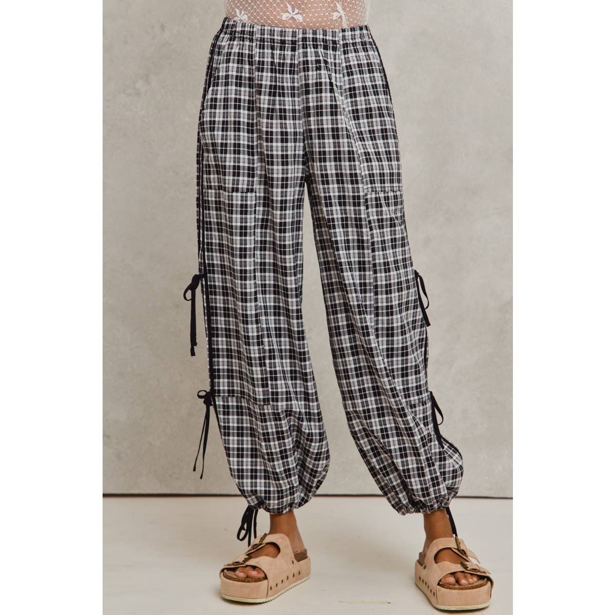 CHECKERED PLAID ELASTICIZED JOGGER TRACK PANTS