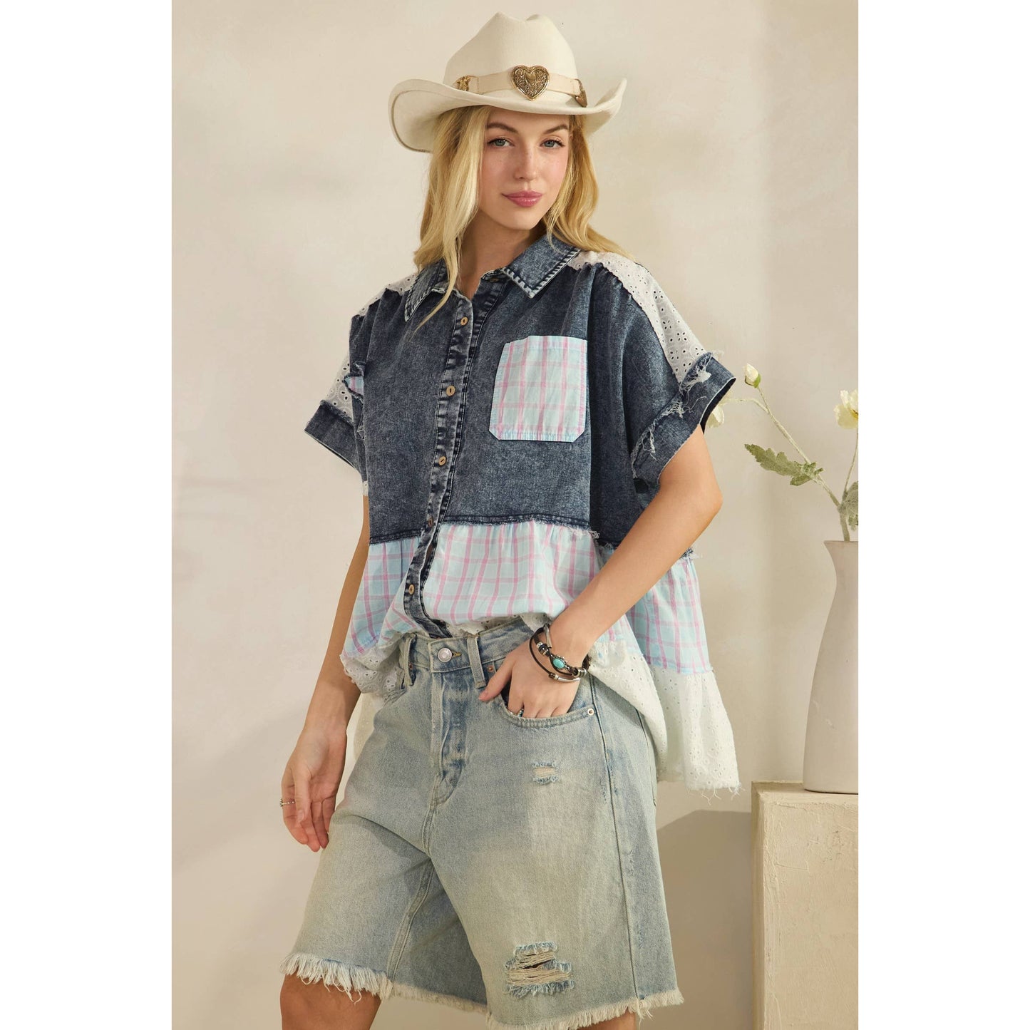 LACE & STARS DENIM BLOUSE