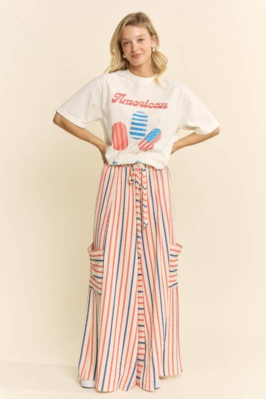 RED&BLUE STRIPE WIDE LEG PANTS