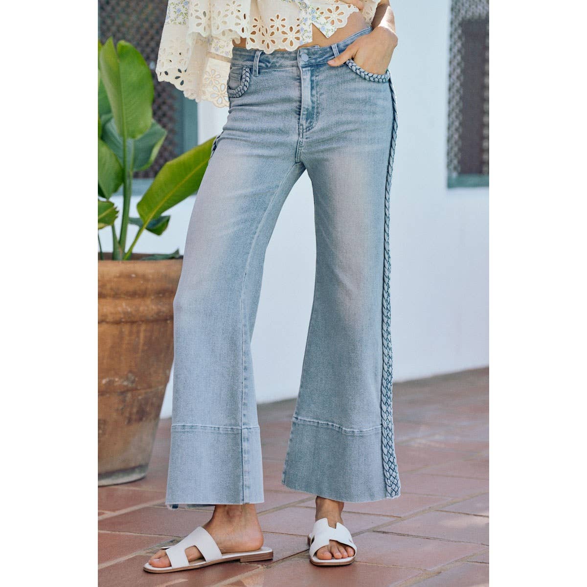 WIDE LEG FLARE DENIM JEANS WITH SIDE  BRAIDS
