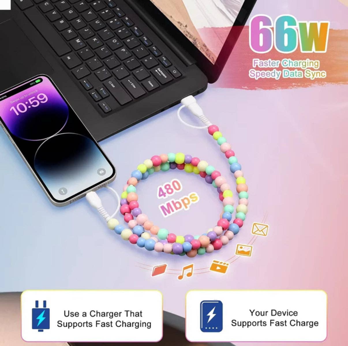 Pearl Ombré Multicolor Beaded 4-in-1 Beaded Fast Charging Cable
