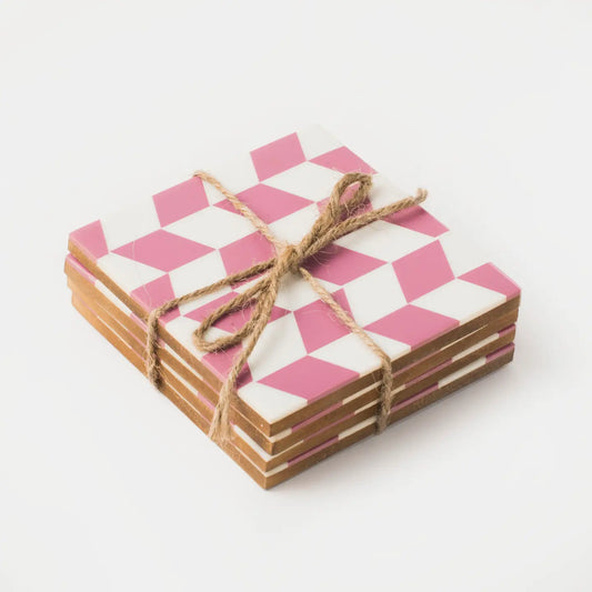 Pink Checkered Wood Coasters