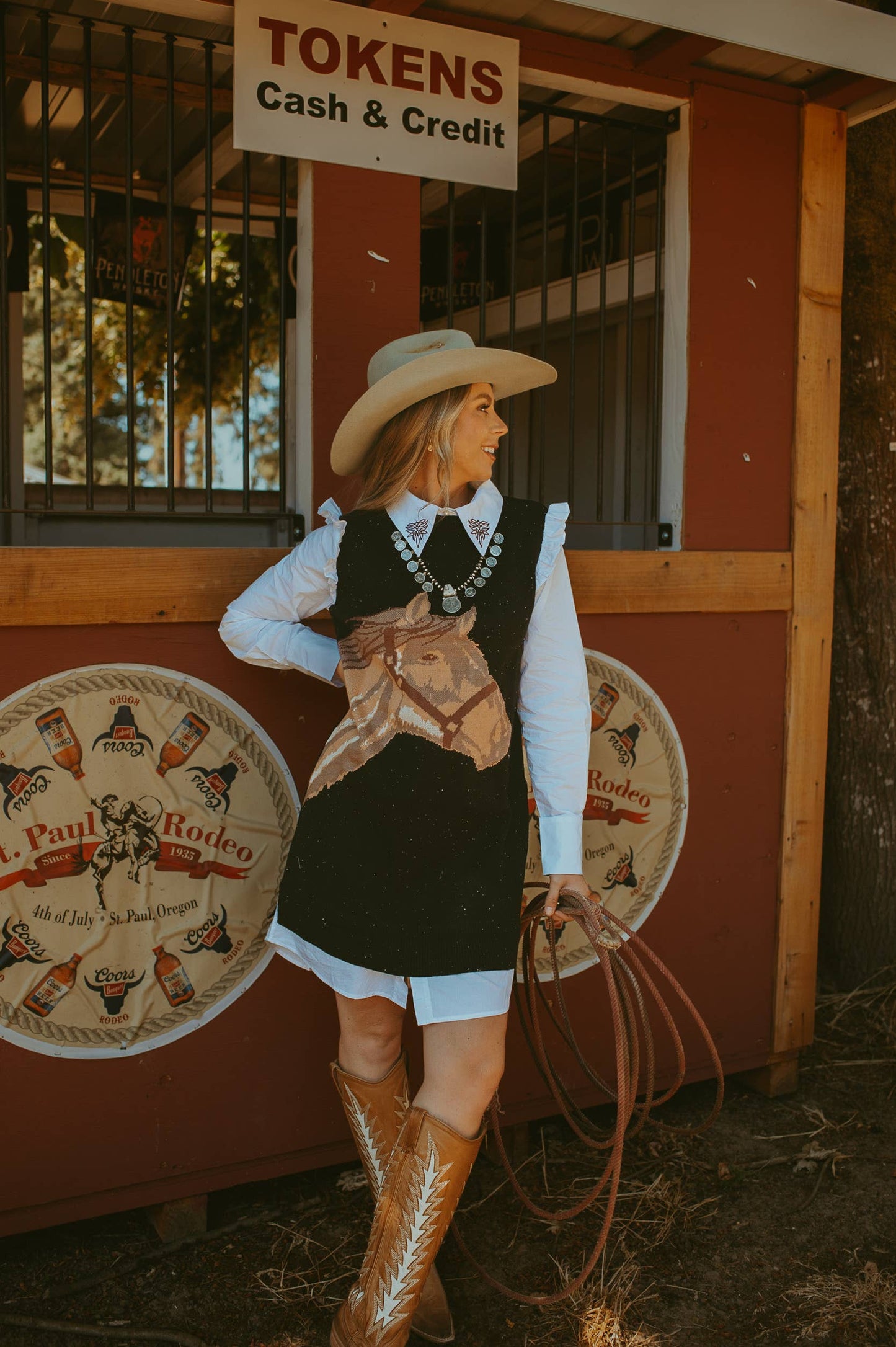 Horse Sweater Dress w/Faux White Ruffled Oxford Dress