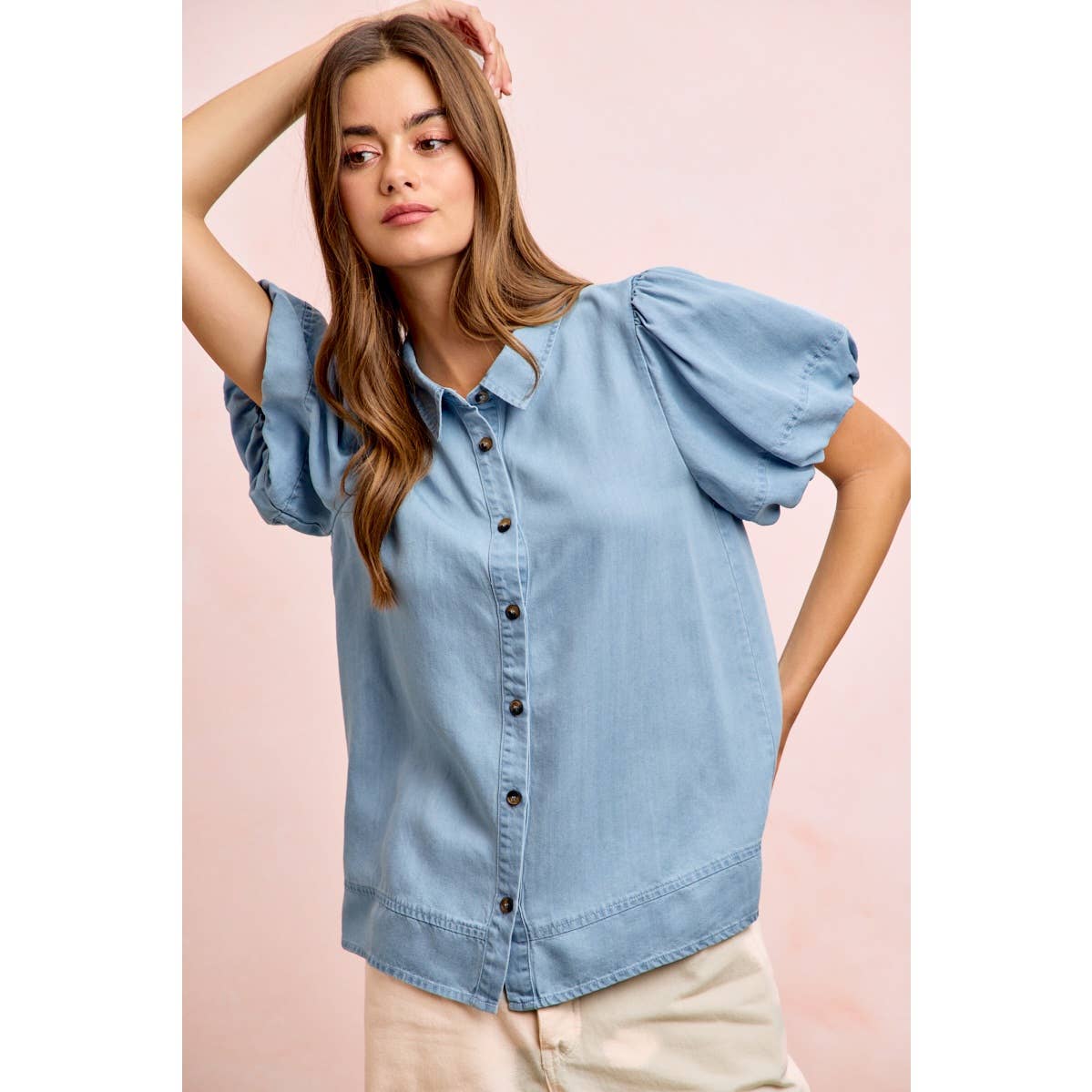 PUFF SLEEVES WASHED TENCEL SHIRT TOP