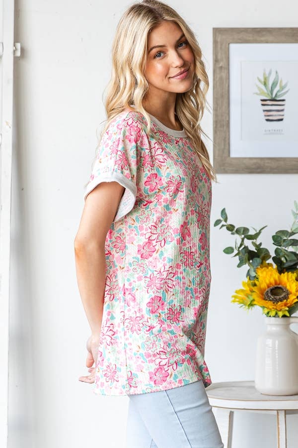 Contrast Trim Floral Dolman Top