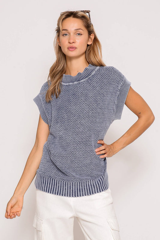 Cap Sleeve Round Neck Mineral Wash Sweater