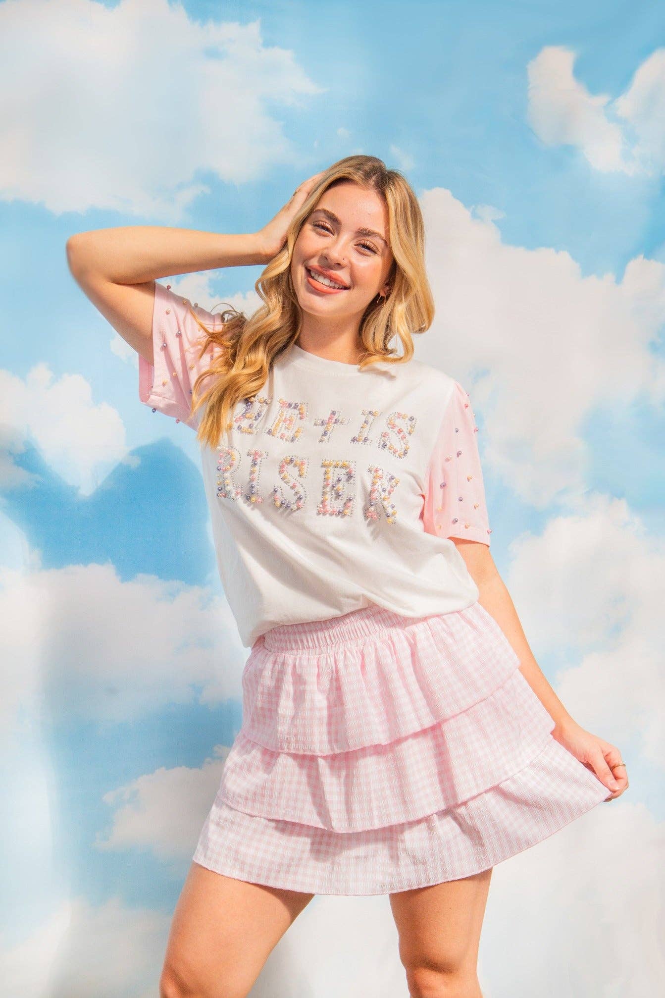 Pearl "He is Risen" on White Princess Top