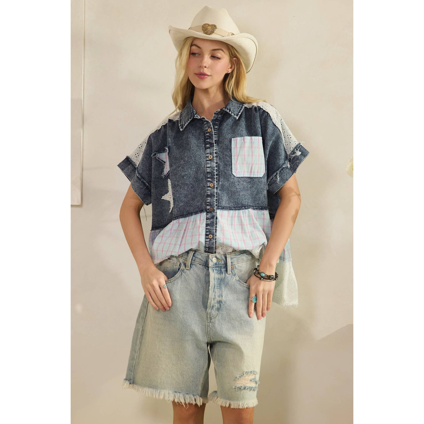 LACE & STARS DENIM BLOUSE