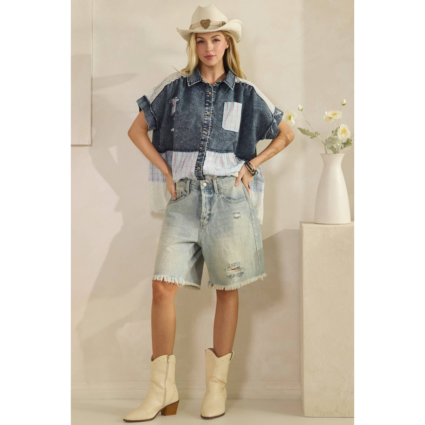 LACE & STARS DENIM BLOUSE