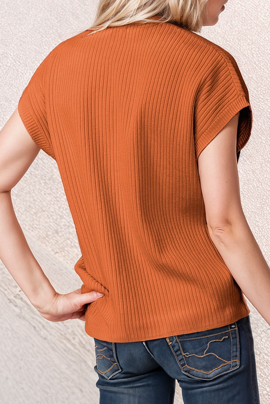 Back to School Patch Pocket Ribbed Knit Short Sleeve Sweater