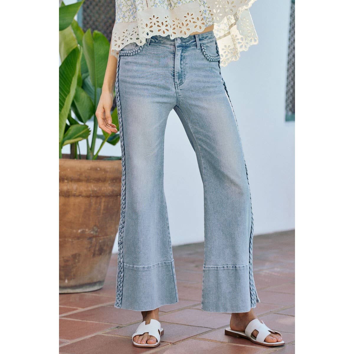 WIDE LEG FLARE DENIM JEANS WITH SIDE  BRAIDS