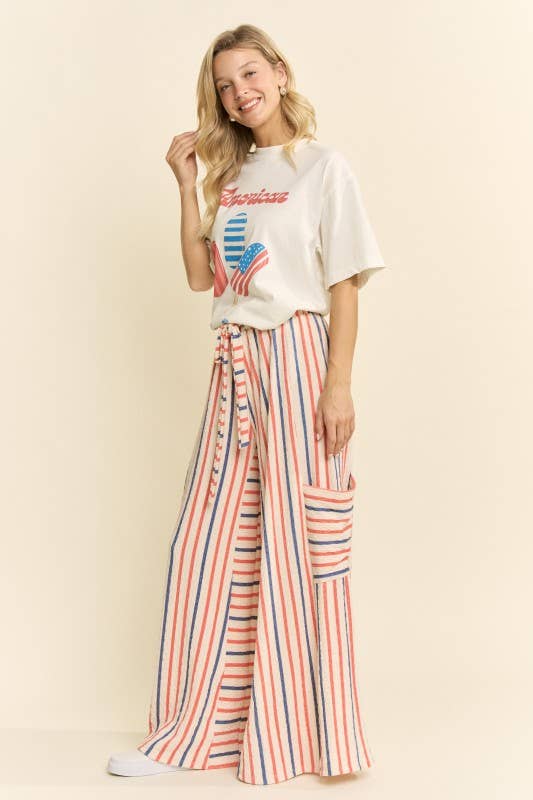 RED&BLUE STRIPE WIDE LEG PANTS