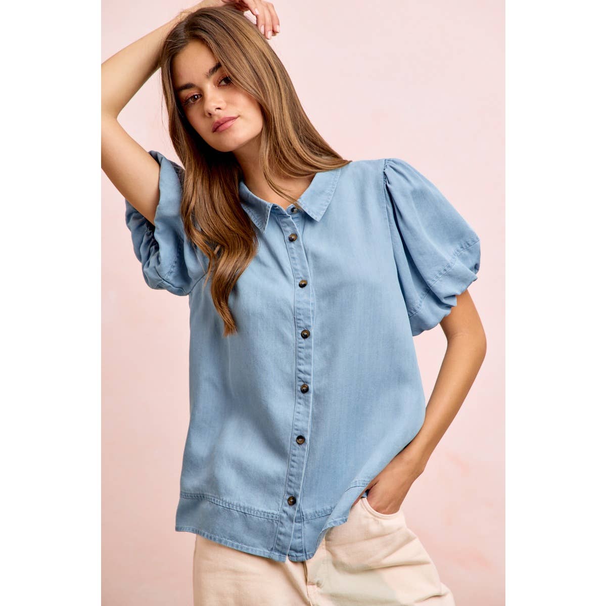 PUFF SLEEVES WASHED TENCEL SHIRT TOP