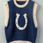 Western Horseshoe Crochet Knit Ribbed Trim Sweater Vest