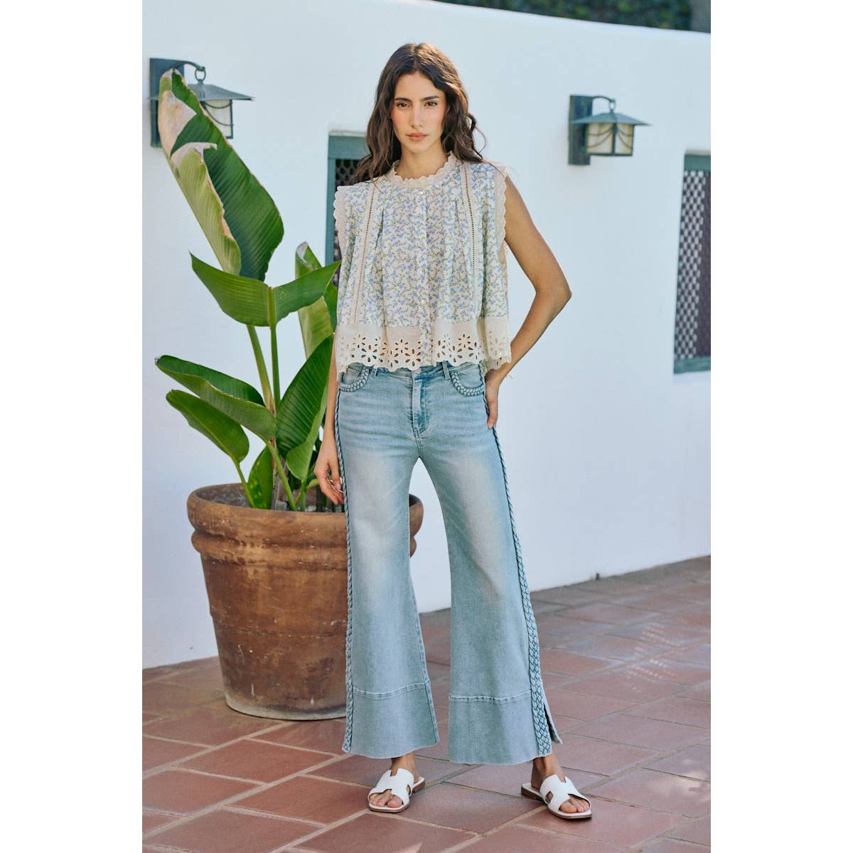 WIDE LEG FLARE DENIM JEANS WITH SIDE  BRAIDS