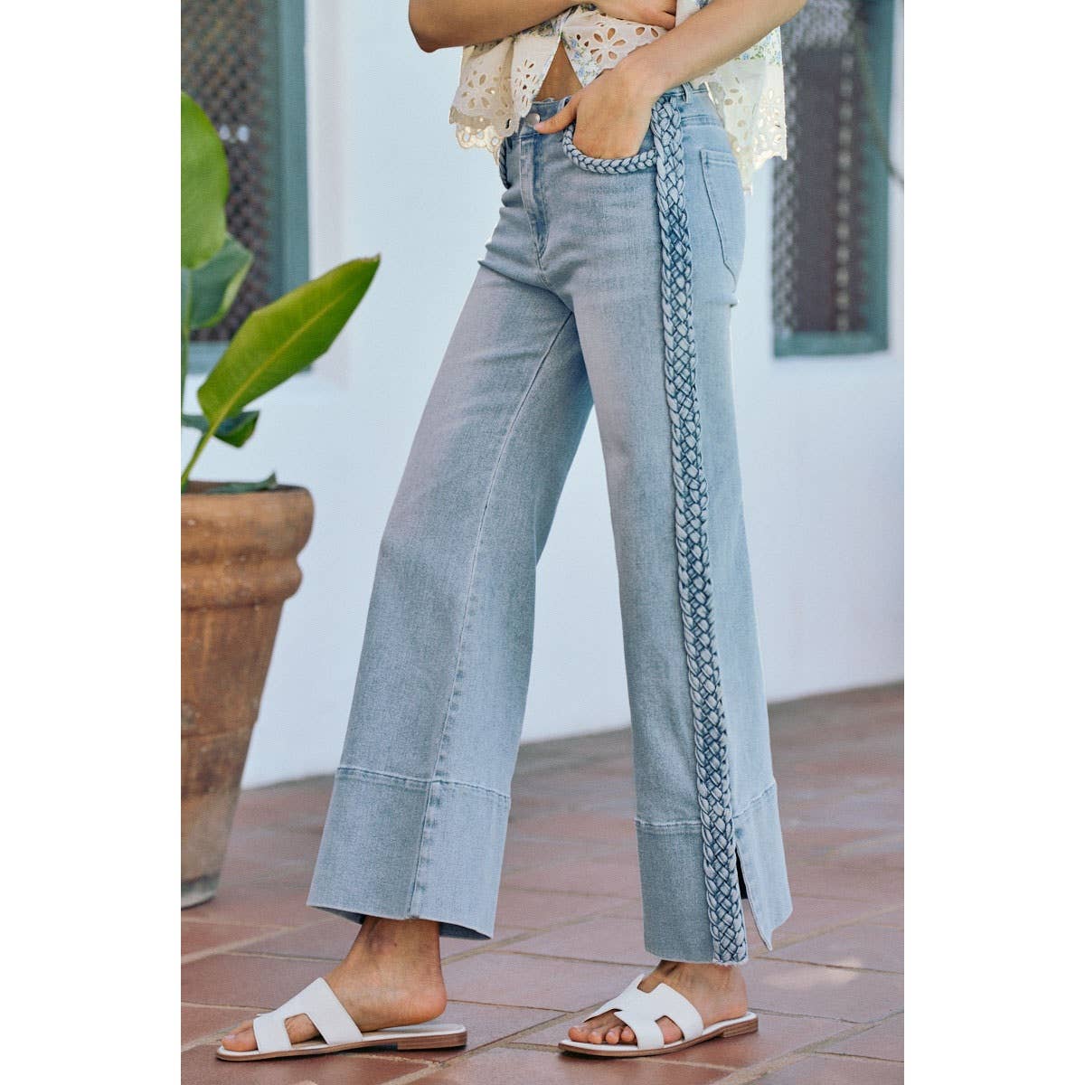 WIDE LEG FLARE DENIM JEANS WITH SIDE  BRAIDS