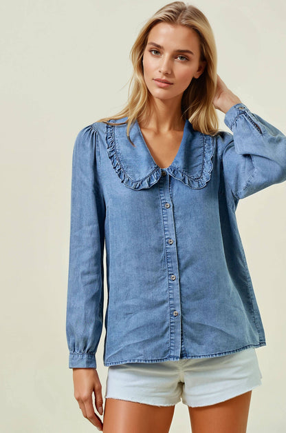 Tencel Denim Long Sleeve Button Down Shirt Blouse - 44745T